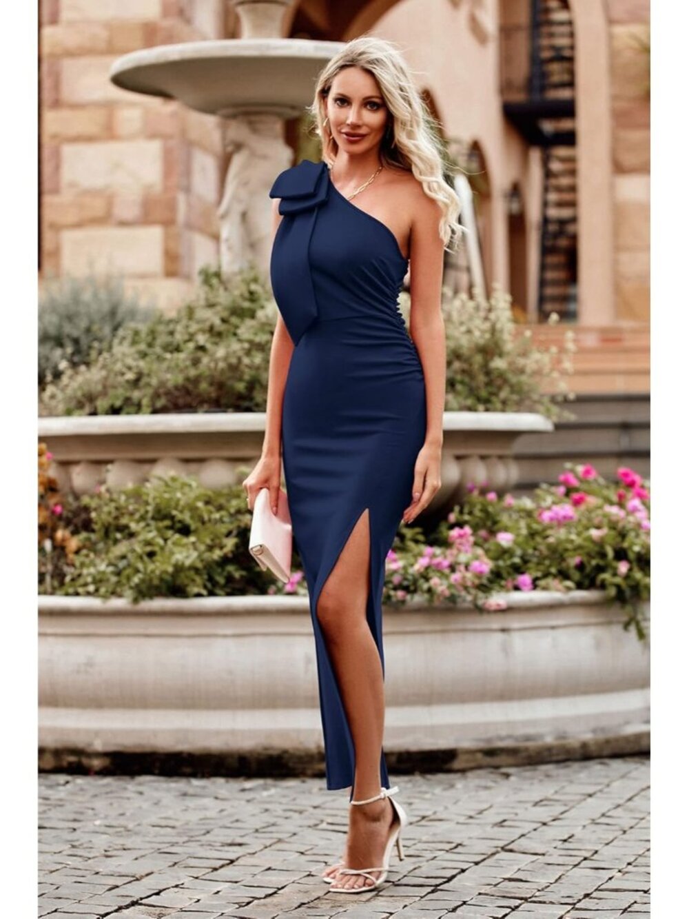 Women's Navy Blue Summer One Shoulder Long Formal Dress Ruched Bodycon Maxi - Picture 6 of 6